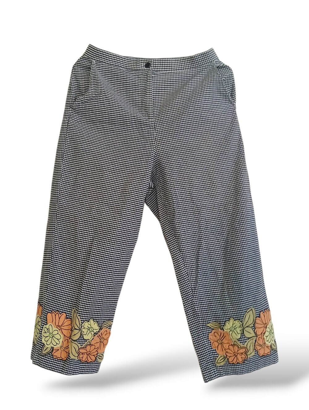 Bechamel Black White Gingham Cropped Pants Capri Pedal Pusher Retro 90s Flowers